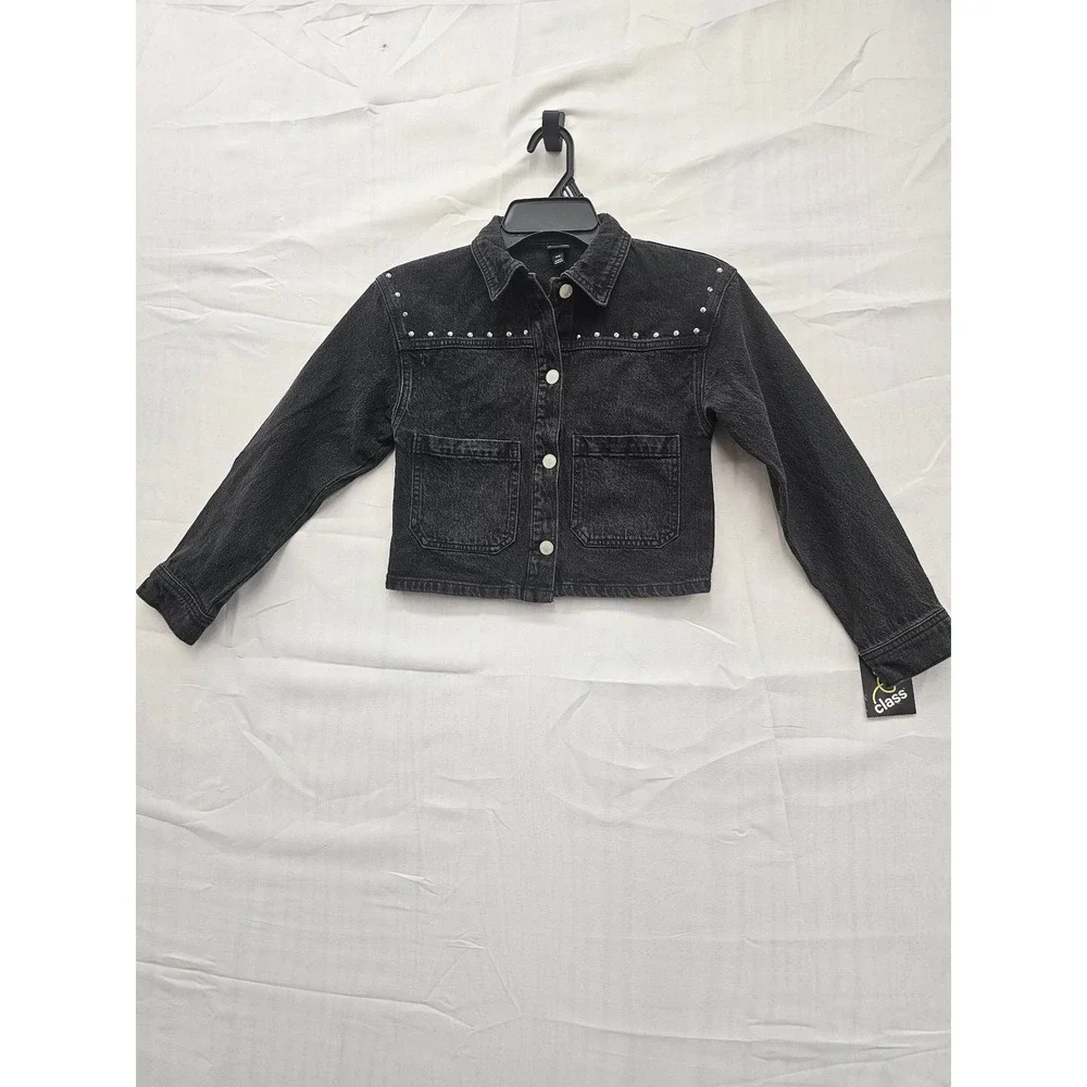 Art Class Girls Black Studded Denim‎ Jacket Cropped Size M 8 333021450
